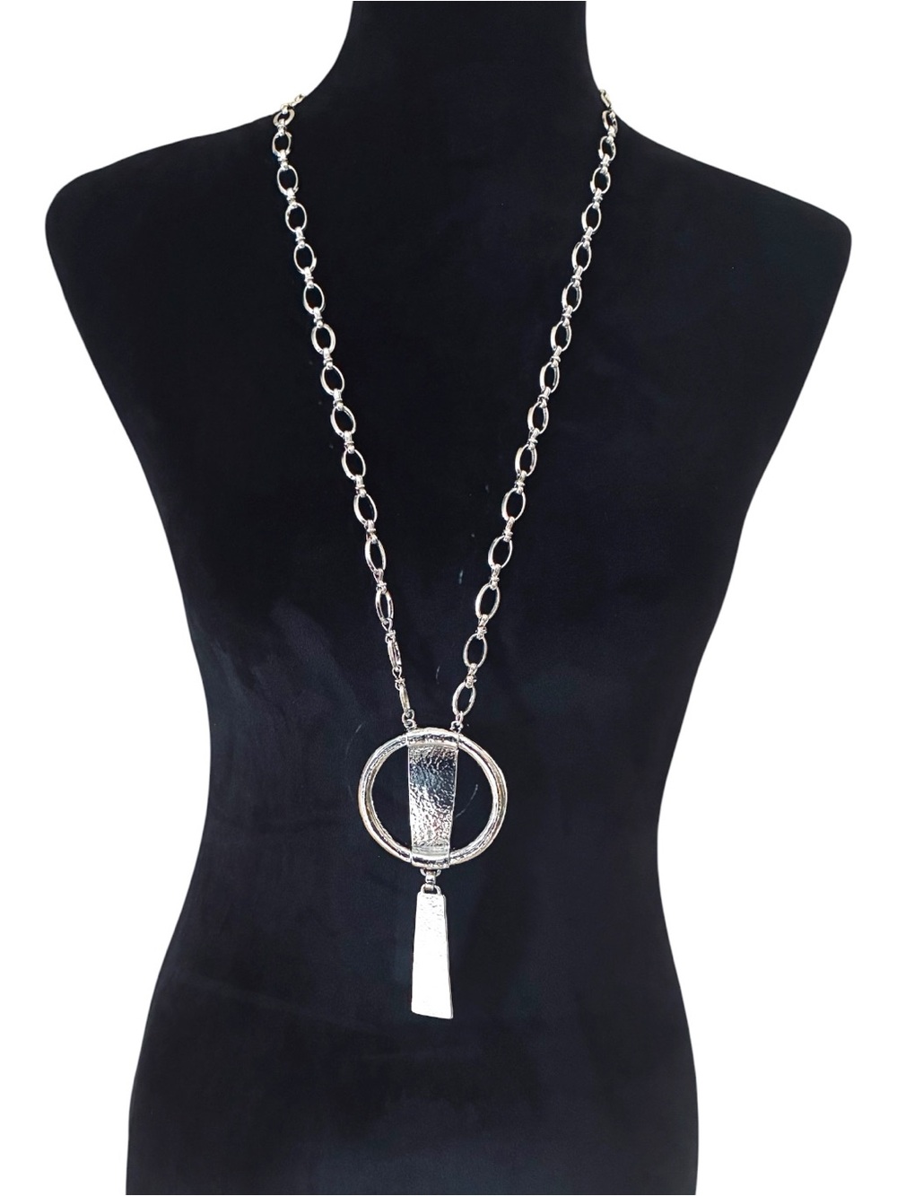 NEW NWOT Chico's Silver-Tone Hammered Textured Circle Drop Statement Necklace - Picture 3 of 4
